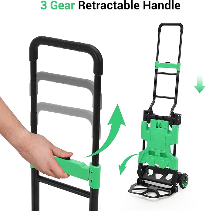 Folding Hand Truck, 330 LB Heavy Duty Dolly Cart with Foldable Basket, Foldable Hand Truck with Bungee Rope, Rubber Wheels and Retractable Handle for Luggage, Travel, Moving, Office, Green