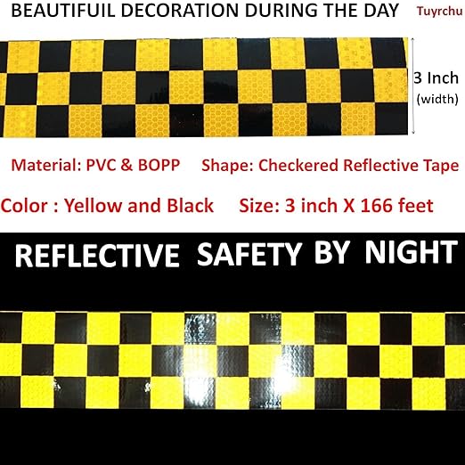 Reflective Tape Yellow Black 3 inch Wide for Automobile, Outdoor Waterproof High Visibility Safety Warning Adhesive Strips (166 feet)
