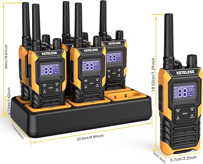 KETELESE T4 Waterproof Radios Walkie Talkies 6 Pack, IP67 FRS Two Way Radio with Headsets and Charging Base, NOAA Weather Alert,PTT,Group,VOX