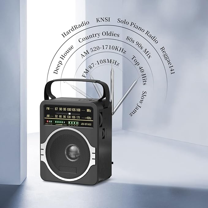 Portable AM FM Radio, Bluetooth 5.0 Radios 5 Watts Loud Speaker,FM Radio Built-in Rechargeable Battery/DC D*4 Cell Battery Operated & AC Power Plug in Wall Black