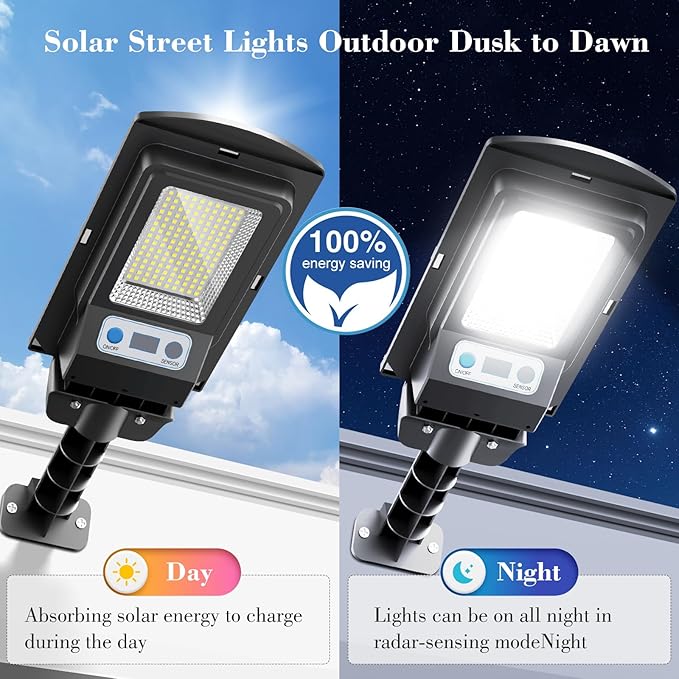 Solar Lights Outdoor, IP66 Waterproof Motion Sensor Powered Solar Street Light, 6500K Dusk to Dawn LED Flood Light with Remote Control, Commercial Area Lighting for Yard Parking Lot (2 Pack)