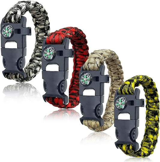 Survival Bracelets 4-Pack | 5-in-1 Paracord Bracelet Set with Fire Starter, Compass & Whistle | Emergency Outdoor Gear for Camping, Hiking