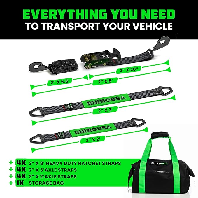 Rhino USA Car Tie Down Straps for Trailers with Snap Hooks (4-Pack) -2" x8' (10,000lb Break Strength) - Heavy Duty T-Handle Car Hauler Tire and UTV Axle Straps, Powersports & More - Black