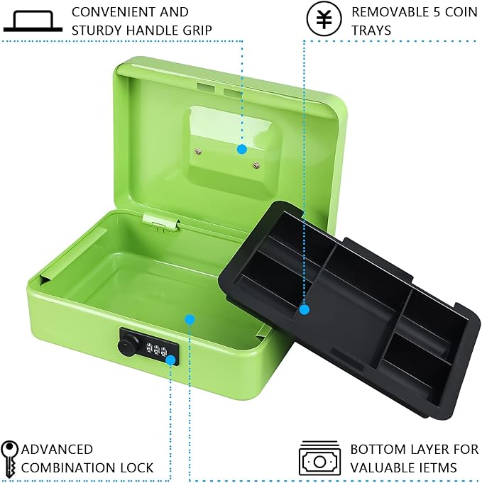 KYODOLED Large Cash Box with Combination Lock,Safe Metal Box for Money, Storage Lock Box with Money Tray,9.84"x 7"x 3.54" Limegreen Large