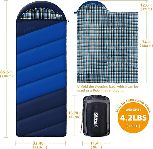 Cotton Flannel Lined Sleeping Bag for Adults Teens Kids, Cold Weather & Warm, 3 Seasons, Lightweight Compact Camping Essentials Equipment, Hiking, Outdoor, Travel