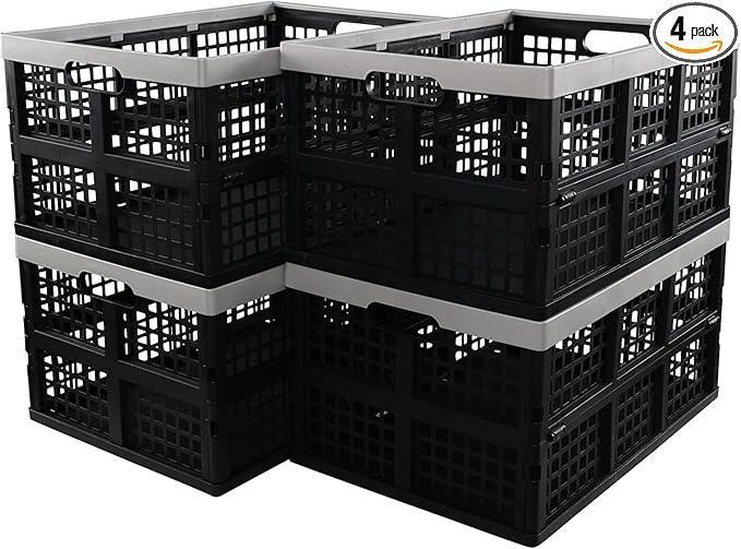 4 Packs 40L Collapsible Storage Baskets, Utility Folding Milk Crates, Stackable Plastic Storage Bins, Black