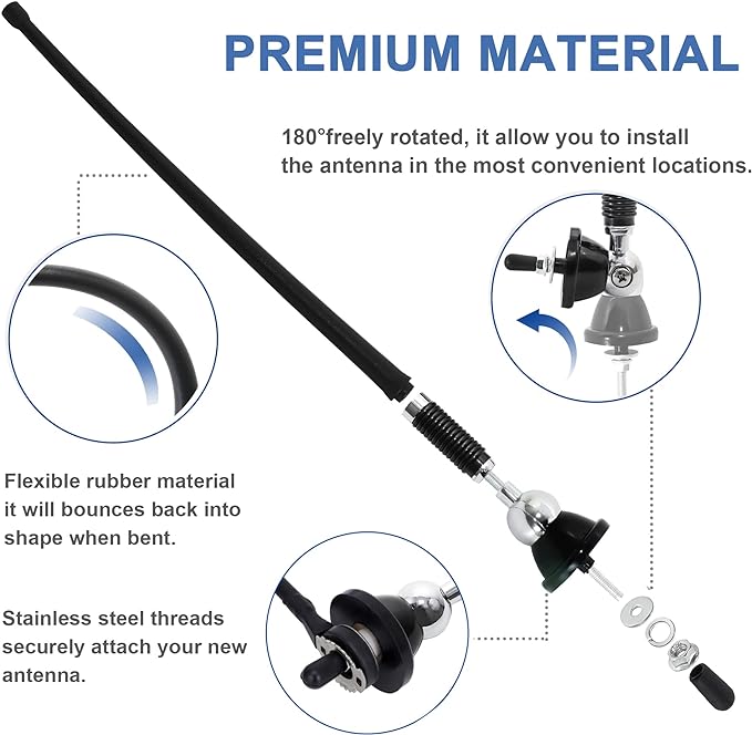 Anina 16 Inch Marine Radio Antenna for Pickup Truck Boat ATV UTV RV Motorcycle Tractor Top/Side Mount Rubber Duck Flexible Antenna Aerial Mast Optimized Radio FM/AM Reception (Black)