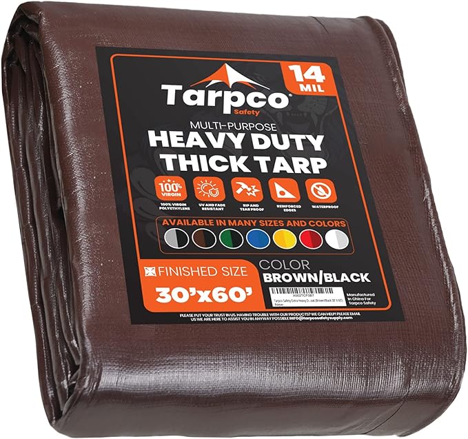 Tarpco Safety Extra Heavy Duty 14 Mil Tarp Cover, Waterproof, UV Resistant, Rip and Tear Proof, Poly Tarpaulin with Reinforced Edges for Roof, Camping, Patio, Pool, Boat (Brown/Black 30′ X 60′)