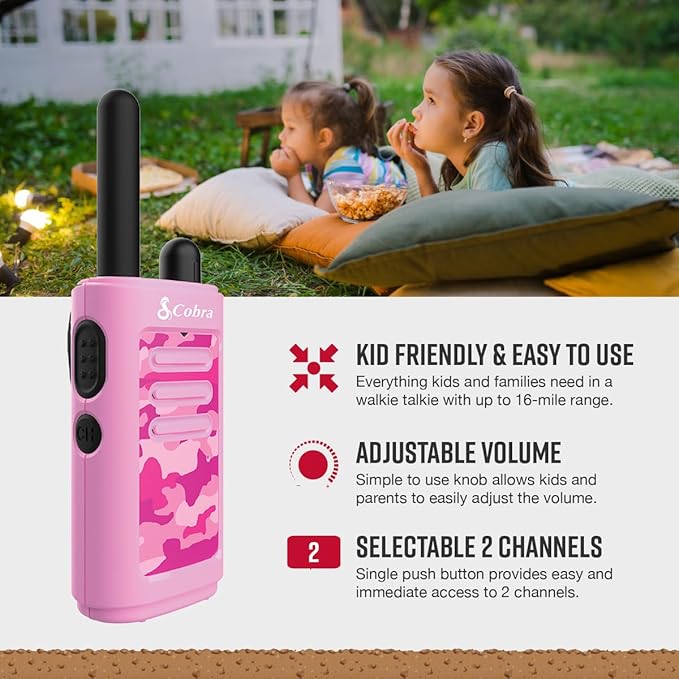 Cobra HE150 P - Kid Friendly Walkie Talkies - 16-Mile Range, 2 Channels Two-Way Radio Set, Pink, (2-Pack)