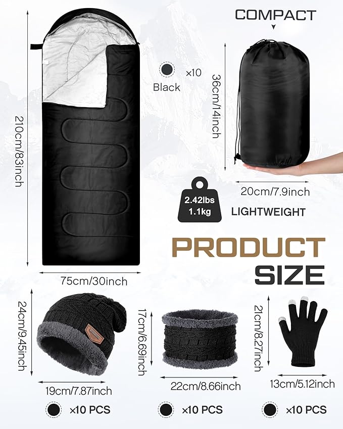 40 Pcs Bulk Sleeping Bags Adult for Homeless, Sleeping Bags Cold Weather Waterproof with Winter Hats Gloves Scarves and Mittens for Camping Emergency Use