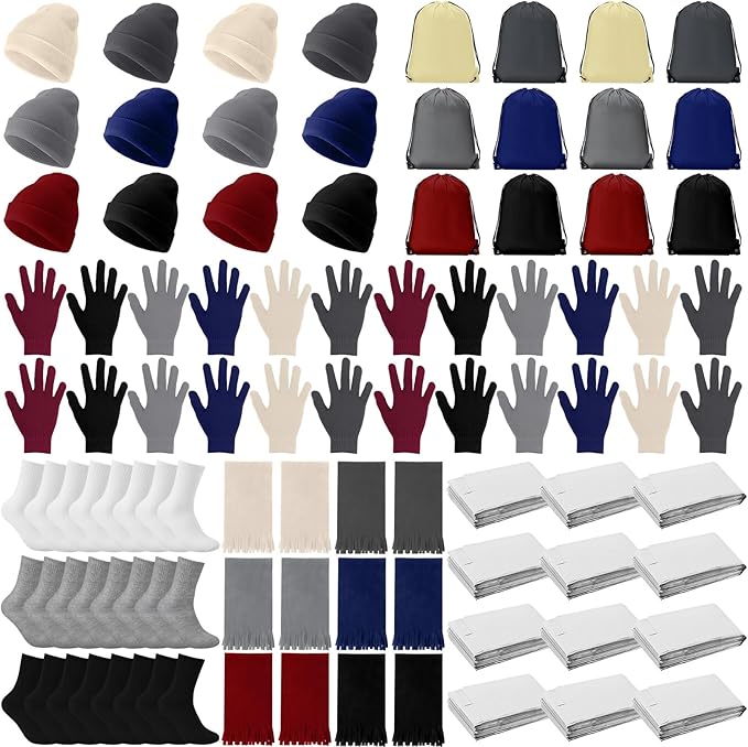 Suhine 72 Pcs Homeless Care Package Supplies Bulk Winter Emergency Blanket Glove Beanies Scarves Sock Drawstring Bag Unisex