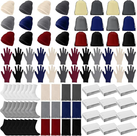 Suhine 72 Pcs Homeless Care Package Supplies Bulk Winter Emergency Blanket Glove Beanies Scarves Sock Drawstring Bag Unisex