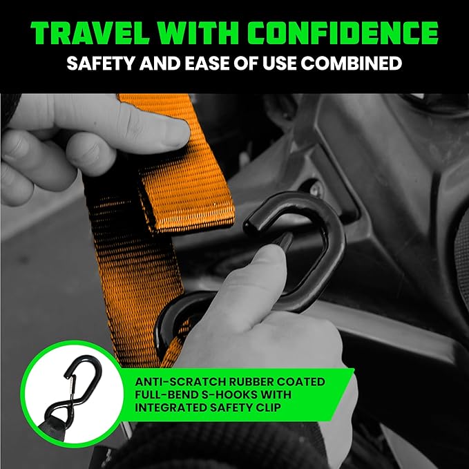 Rhino USA Motorcycle Tie Down Straps (2 Pack) Lab Inspected 2,200lb Break Strength, Steel Cambuckle Tiedown Set with Integrated Soft Loops - Better Than a Ratchet Strap (Orange 2-Pack)