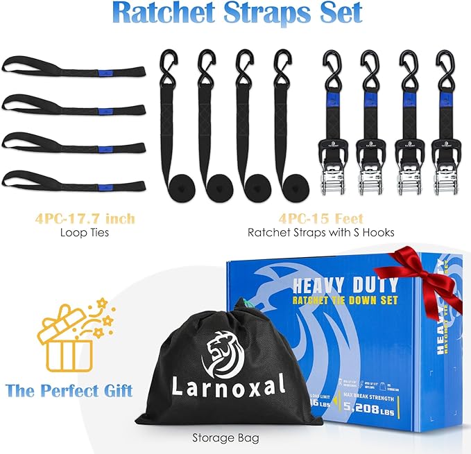 Ratchet Straps, 1.5 inch x 15 ft(4 Pack) Heavy Duty Tie Down Straps, Ratchet Tie Down Straps with Soft Loops-5,208 lbs (Black)