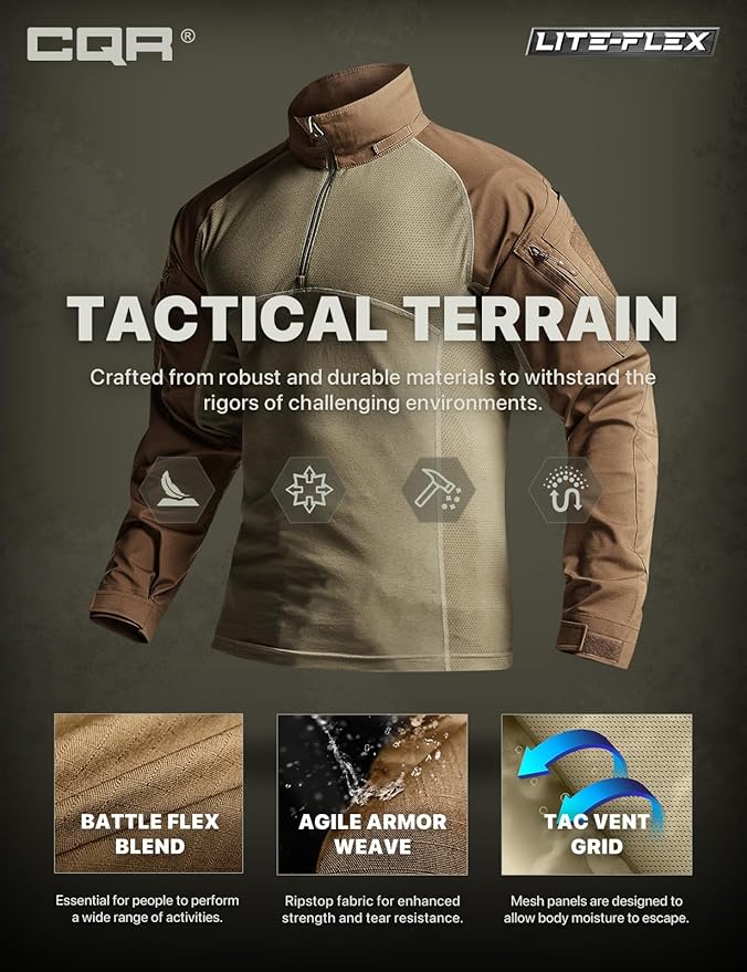 CQR Men's Combat Shirt Tactical 1/4 Zip Long Sleeve Military BDU Shirts Camo EDC Top with Pockets