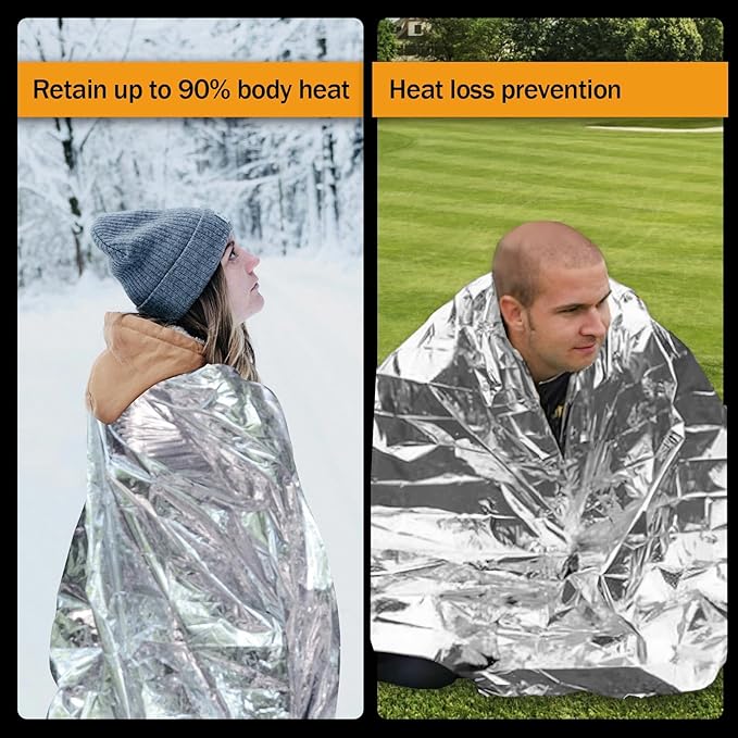 12-Pack Emergency Mylar Thermal Blankets, 82"x62" Space Blankets Foil Blanket, XL Camping Blanket for Outdoors, Hiking, Survival kit, Bug Out Bag，Marathons or First Aid, Silver