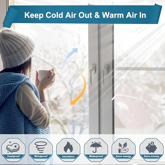 Window Insulation Kit for Winter, Plastic Window Covering 94 Inch Wide × 393 Inch Length with Double-Sided Tape, Insulates Patio Doors & Large Windows Winterizing, 1 Roll Clear