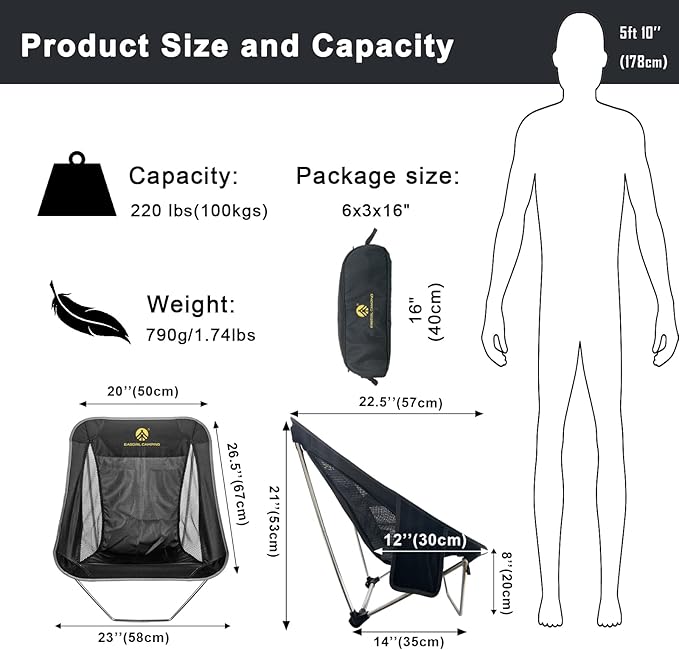 Ultralight Folding Camping Chair Low Lightweight Foldable Camp Chairs with Carry Bag for Hiking, Backpacking, Picnic, Outdoor Concert, Sports Events, Beach