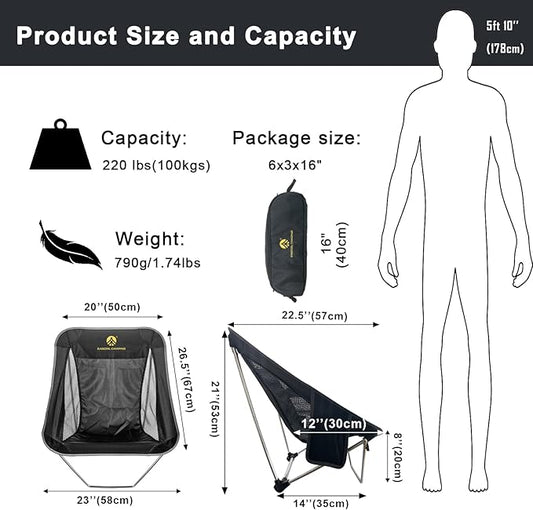Ultralight Folding Camping Chair Low Lightweight Foldable Camp Chairs with Carry Bag for Hiking, Backpacking, Picnic, Outdoor Concert, Sports Events, Beach