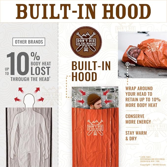 Don’t Die in The Woods - Survival Bivy - Emergency Sleeping Bag with Hood - Made with Extra-Thick Space Blanket Thermal Mylar - One of The 10 Essentials for Hiking, Camping, First Aid Kits