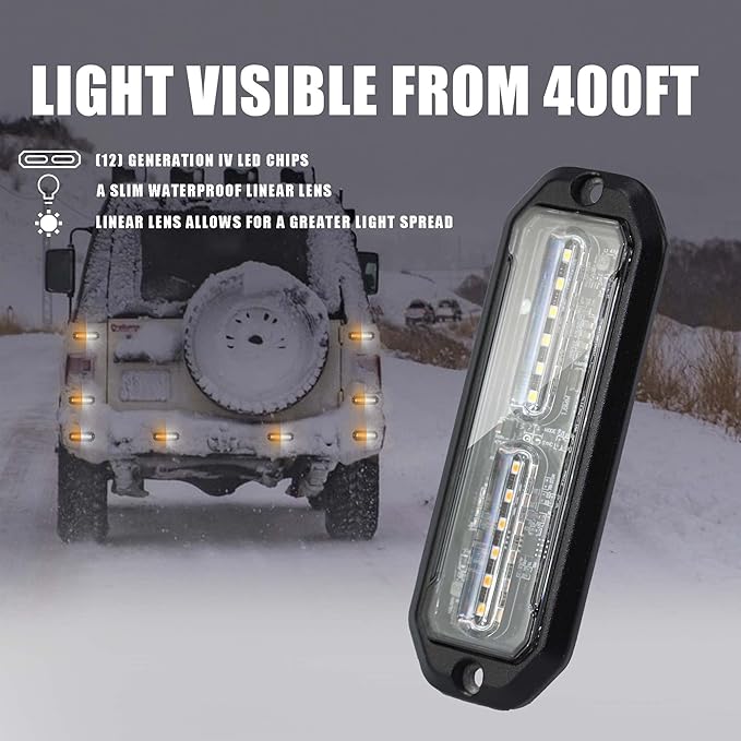 WINECO Amber/White LED Strobe Lights Kit - 8pcs 12-LED Flashing Emergency Warning Lights for Trucks, Cars and Vehicles