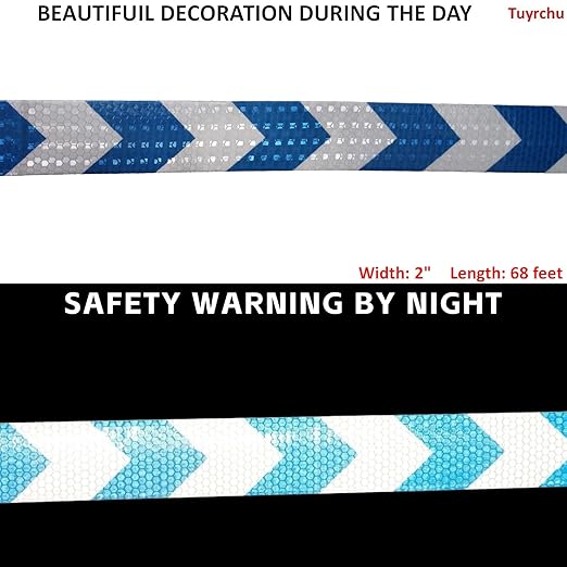 Reflective Tape Blue White 2 Inch x 68 Feet, Outdoor Waterproof Warning Reflector, Night Safety Stickers for Vehicles