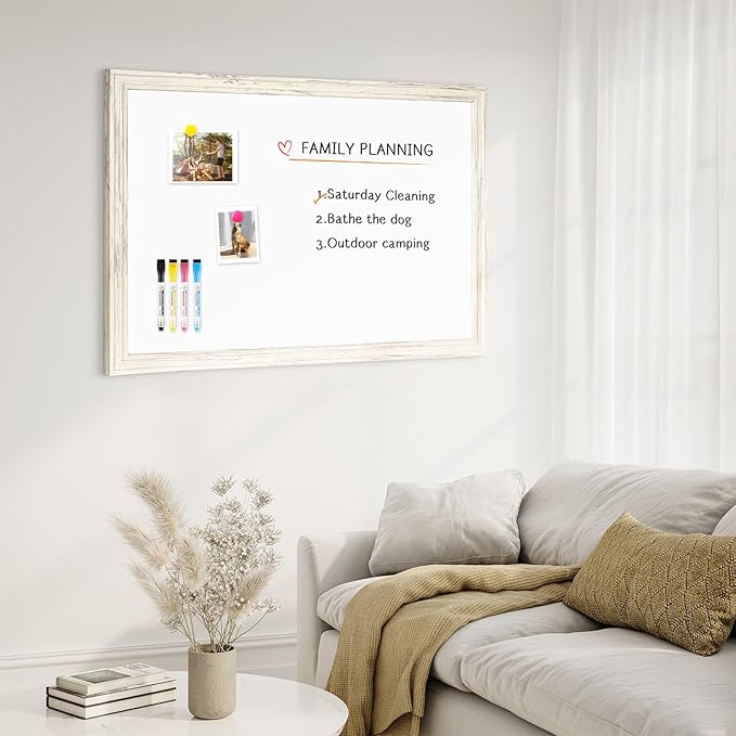 4 THOUGHT Dry Erase Board, 24 x 36 in Magnetic Whiteboard White Vintage Wood Frame Wall-Mounted White Board Decorative Notice Board for School, Office, Home, 8 Magnets 4 Markers 1 Eraser