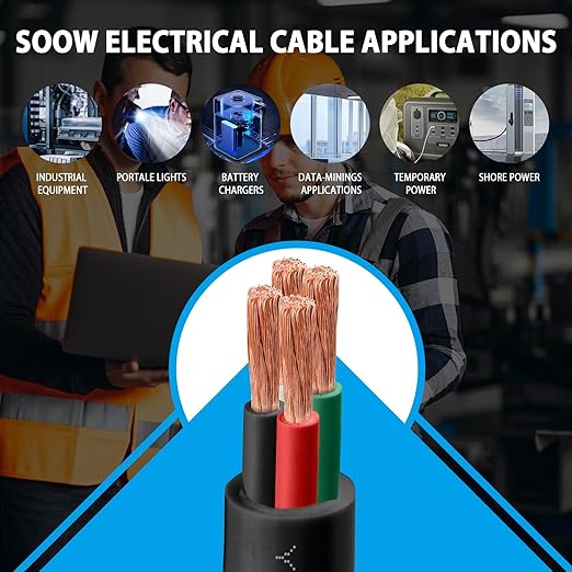 75ft 6/4 6 AWG Portable Power Cable (4 Conductor) - SOOW 600V 6 Gauge Electric Wire for Motor Leads, Portable Lights, Battery Chargers and Machinery - 4 Conductor - 75 Feet Electrical Cord