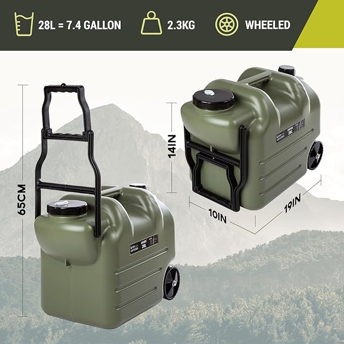 7.4 Gallon Water Jug with Wheels & Folding Handle, GIGYES Rolling Wheel Water Storage Tank for Hiking Camping, Portable