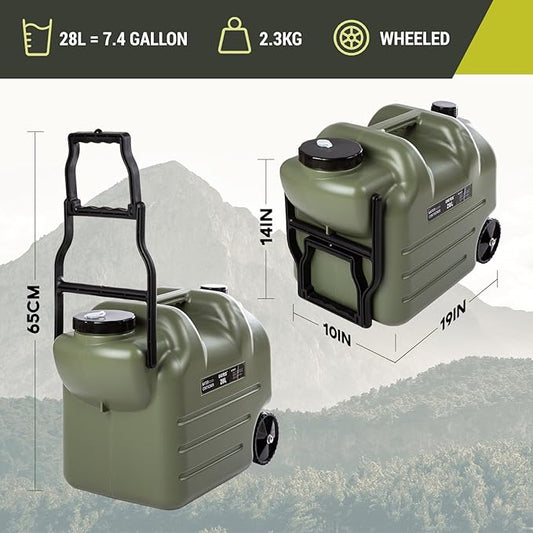7.4 Gallon Water Jug with Wheels & Folding Handle, GIGYES Rolling Wheel Water Storage Tank for Hiking Camping, Portable