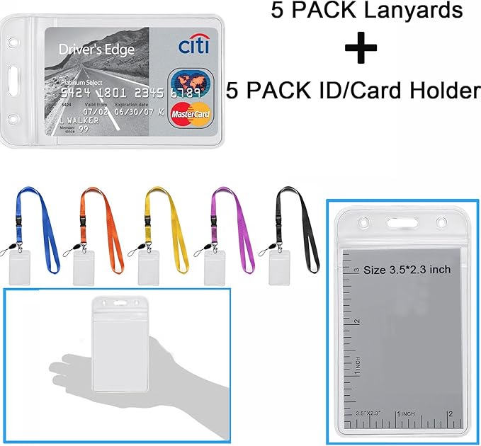 YOUOWO 5 Pack Neck Detachable Buckle Hook Breakaway Lanyards with Clear Vertical Badge Holder,for Office Keys Women Men Cell Phones USB Whistles, Black,Blue,Yellow,Orange,Purple