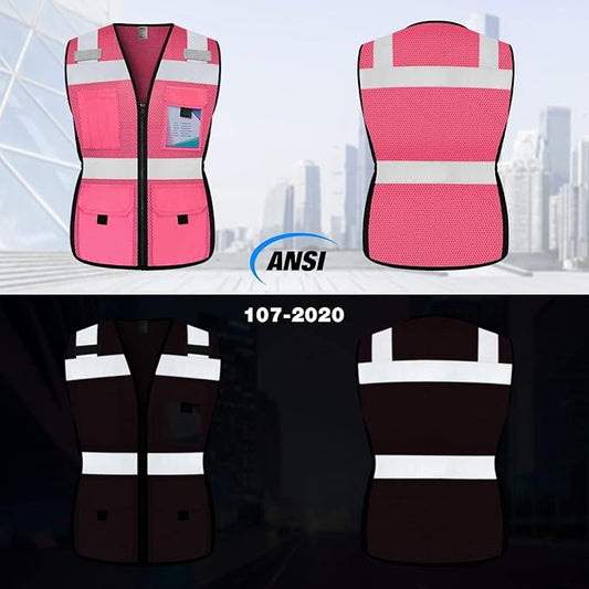 TCCFCCT Pink Construction Vest 11 Pockets Snug-Fit Reflective Safety Vest for Women, Neon Women High Visibility Vest for Lady Contractors/Surveyors/Workers, Durable,Meets ANSI, Pink L