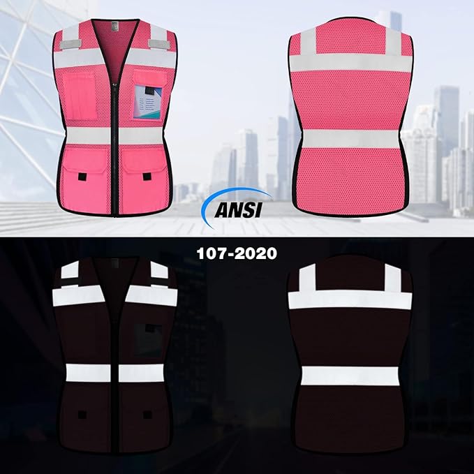 TCCFCCT Safety Vest for Women 11 Pockets Mesh Reflective Vest with Zipper, High Visibility Neon Construction Work Vest for Lady Surveyors/Warehouse, Snug-Fit, Durable, ANSI Compliant, Pink XXL