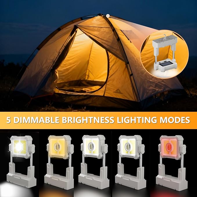 Solar Rechargeable Work Light -10000 Lumen Portable Led Work Light with Stand, Height Adjustable, 5 Modes Tripod Mechanic Construction Lights for Outdoor Indoor, Waterproof Lighting, Garage Car Repair