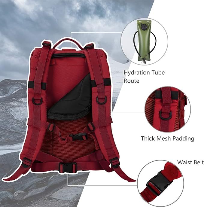 MOLLE Assault Backpack, Tactical Backpack Military Army Camping Rucksack, 3-Day Pack Trip w/USA Flag Patch, D-Rings, Red