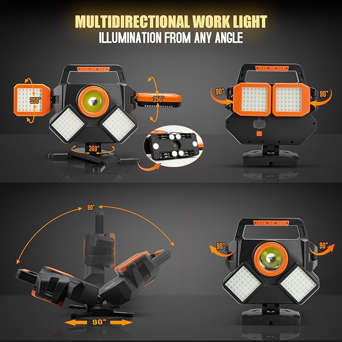 55W Rechargeable Work Light 5000LM, Foldable&Rotatable Magnetic LED Work Light with 6 Modes, 8000mAh Battery Powered Portable Work Lights for Workshop, Car Repair, Construction, Camping, Emergency Use