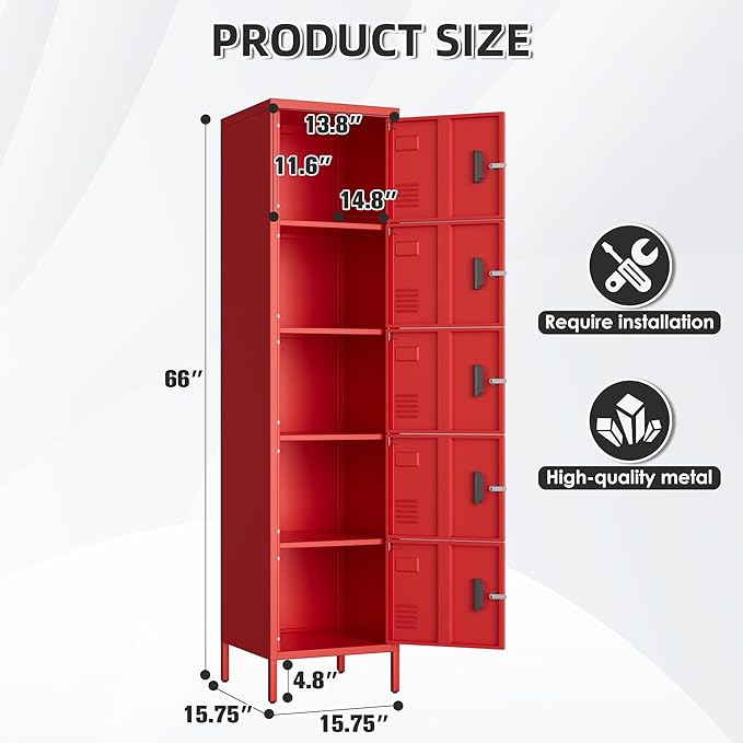 Metal Locker with Lock and Ventilation Holes,Metal Storage Locker with Business Card Slot for Home,Gym,Garage,School,Office,15.8" D x 15.8" W x 66" H Assembly Required,Red