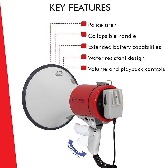 Technical Pro Rechargeable Portable 75-Watt Megaphone Bullhorn Speaker w/Siren & Detachable Microphone - Battery w/Battery a Built-in AC Wall Charger, Good for Trainers, Coaches, Cheer Leaders