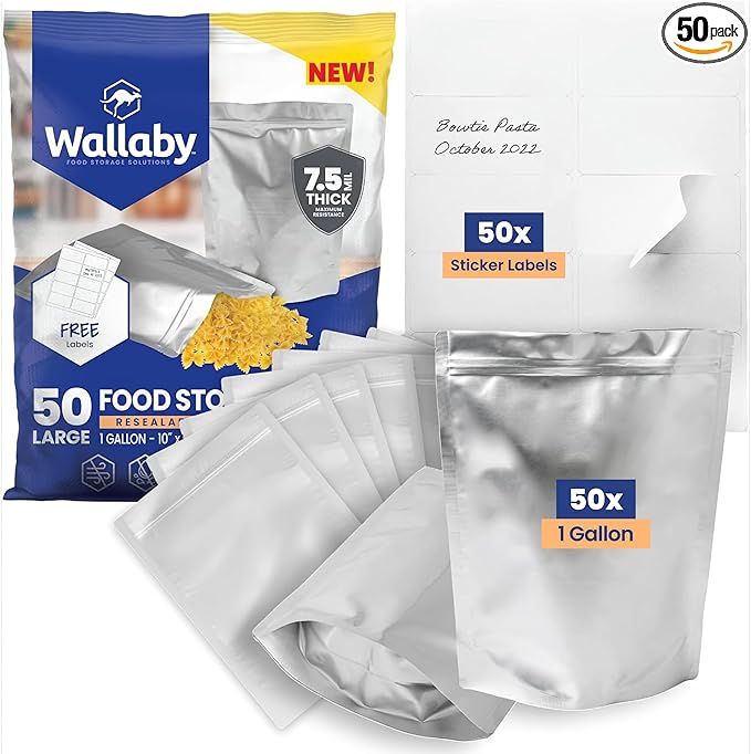 Wallaby 50 Count 1-Gallon Gusset Mylar Bags with Labels, 15 Mil Total Thickness Long-Term Food Storage Pouches, 15x12 Stand-Up Zipper Heat-Sealable Airtight Packaging - Silver