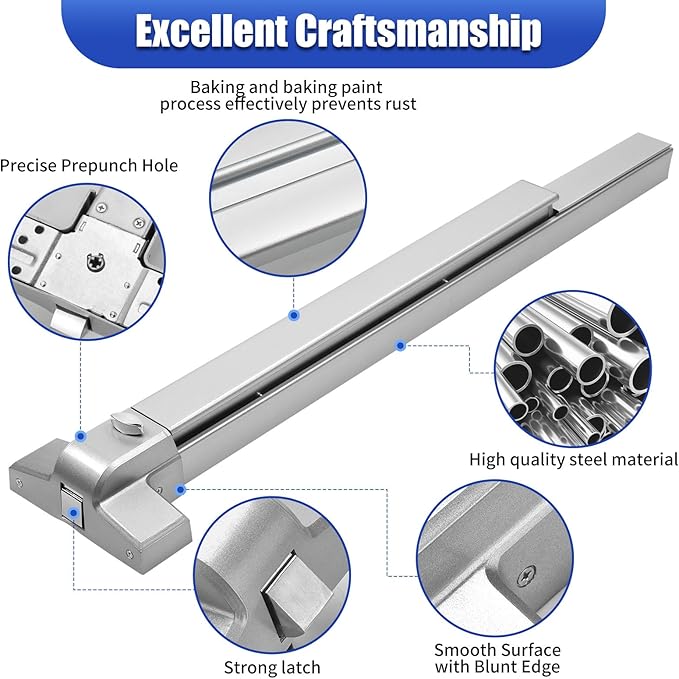 31.5”/80cm Stainless Steel Commercial Door Push Bar Panic Exit Device with Exterior Lever Handle - Fits 30"-37" Wood & Metal Doors