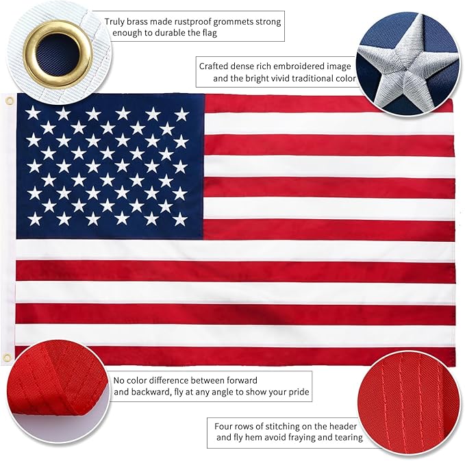 American Flag 3x5 FT with Pole Kit, 6FT Tangle Free Black Flagpole, Heavy Duty Spun Polyester US Flag with Embroidered Stars, Sewn Stripes, Brass Grommets, and Mounting Bracket for Outside House