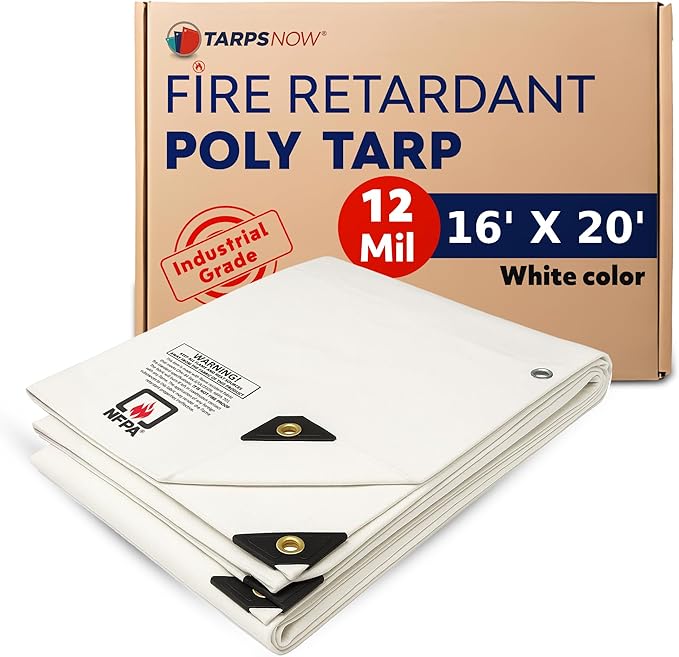 Tarps Now 16x20 Feet Fire Retardant Poly Tarp |12 MIL Heavy Duty Waterproof Cover |Rip and Tear Proof Plastic Tarp with Rustproof Aluminum Grommets & Reinforced Edges |Ideal for Camping - White