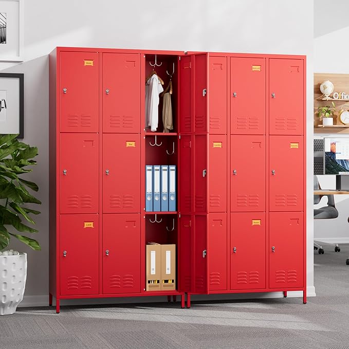 Metal Lockers for Employees with 9 Doors and 27 Hooks, 72”H Storage Locker with Card Slot for Office Gym School Bedroom, Red, Assembly Required