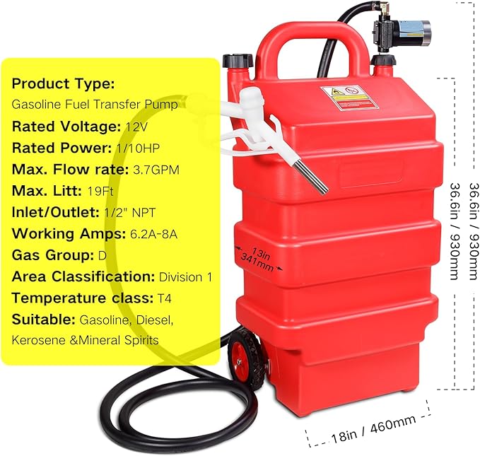 16 Gallon 60L Portable Fuel Caddy Tank with 12V DC Electric Gasoline Diesel Fuel Transfer Pump, Switch Control, Wheels, for Gasoline Diesel Kerosene & More