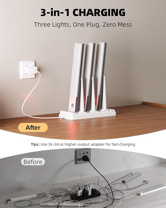 EZVALO 6-Pack Under Cabinet Lighting with Charging Station, 2000mAh Rechargeable Wireless Motion Sensor Lights, 3 Color Temps, Dimmable, Timer, Magnetic, with Remote Control for Kitchen, Closet, Stair