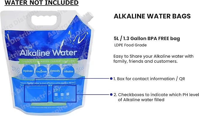 Foldable Water Carry Bags 1.3 Gallon / 5L | Pour Your Alkaline Water into AlkaFRESH +PH | Food Grade BPA Free No-Leak Plastic Container Collapsible Bag | Emergency Storage Jug, Freezable (10 PAK)