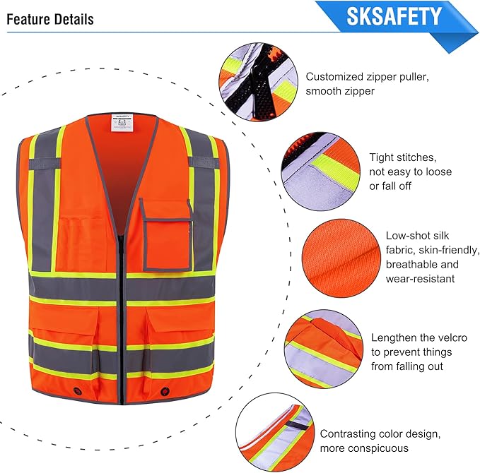 SKSAFETY 10 Pockets Safety Vest, Class 2 High Visibility Security with Zipper, Hi Vis Vest with Reflective Strips, ANSI/ISEA Standard, Construction Work Vest for Men ＆ Women （Orange, 3XL）