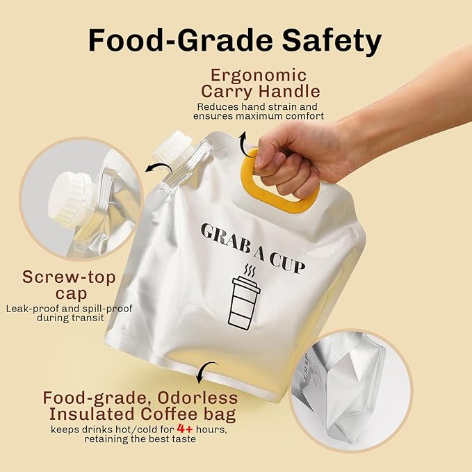 10 Pack Disposable Coffee Dispensers with Handle Coffee Box Cold Hot Beverage Dispenser COFFEE Carrier with Handle Take Out Camping Water Storage Containers Water Bag for Hiking (88oz) (Yellow)