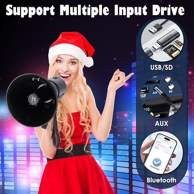 50w Rechargeable Megaphone Bullhorn | Loud Speaker Supports Bluetooth, USB, SD, AUX Input | Built-in Siren and Recording | Slim Size for Police, Outdoor, and Cheerleading (Black)