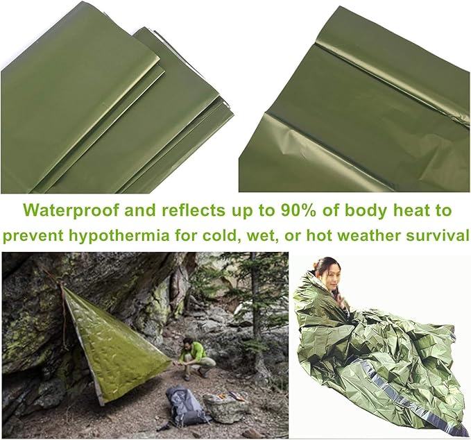 Survival kit 4 Pack, 1 Emergency Tent 1 Emergency Sleeping Bag 1 Mylar Blankets 1 Poncho with 4 Tac Bags for Outdoor Carcar Kits, Camping, Hiking Reuse Emergency Shelter.
